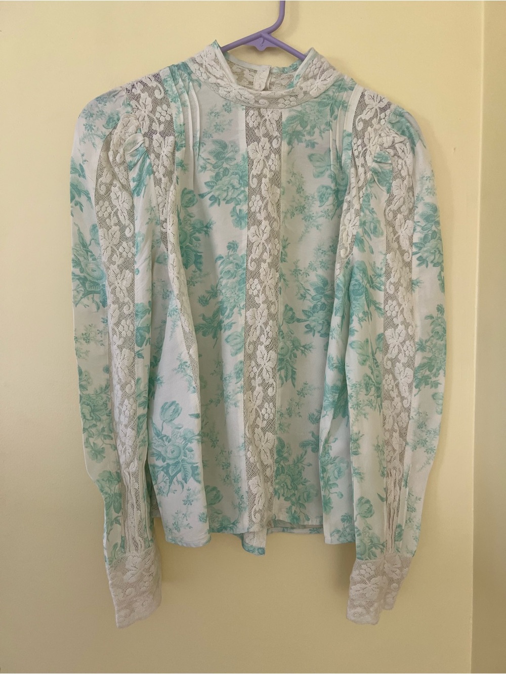 LoveShackFancy Cream & Mint Floral Lace-Trim Victorian Blouse